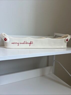 Mud Pie| Ceramic 'merry and bright' Holiday Dish Red & Cream 14.5”W x 3”L x 3”H